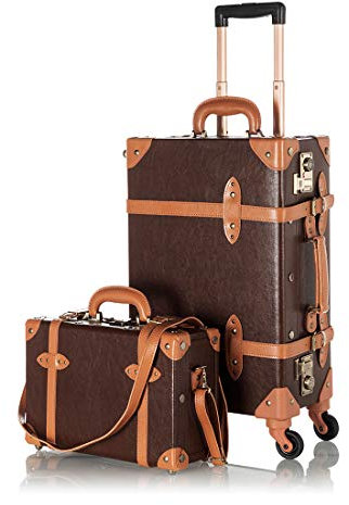 COTRUNKAGE Vintage Trolley Koffer Handgepäck mit Rollen, Reisekoffer Set 2 Teilig mit Beautycase, TSA Schloss, 55cm Handgepäck + Kosmetikkoffer(Kakaobraun)