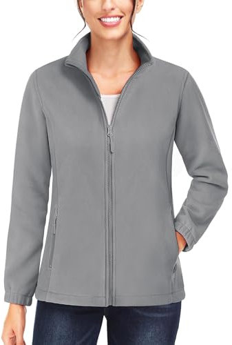 TACVASEN Damen Fleecejacke mit Durchgehendem Reißverschluss Leichte Fleece Jacke Outdoor Sweatjacke für Frauen Winter Wandern Hellgrau L