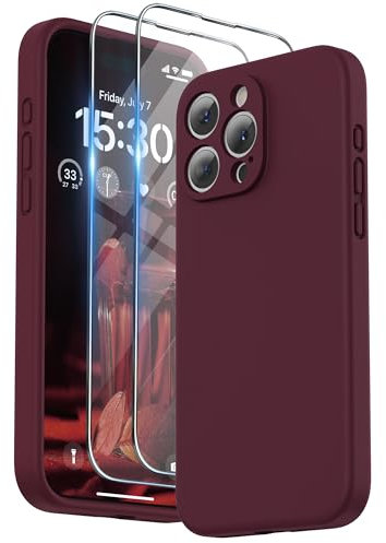 SURPHY Cover con 2 *Vetro Temperato e Cordino per iPhone 15 pro max(6,7), Silicone Custodia per iphone 15 pro max,Protezione Fotocamera, Compatibile 15 pro max Protezione Completa, Prugna