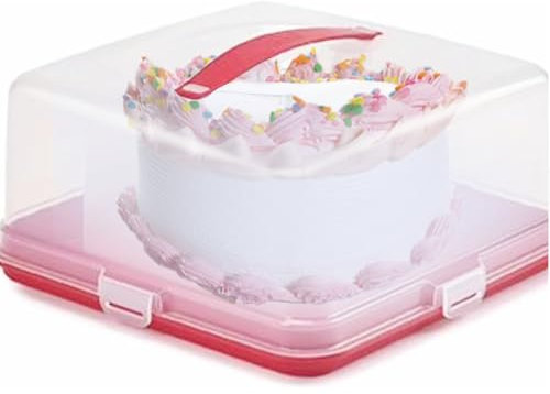 EPISENT Square Large Cake Box - With Lockable Lid & Carry Handles - Cake Storage Container - Portable Plastic Cake Carrier - Suitable for 11 inch Cake (RED SQUARE CAKE BOX)