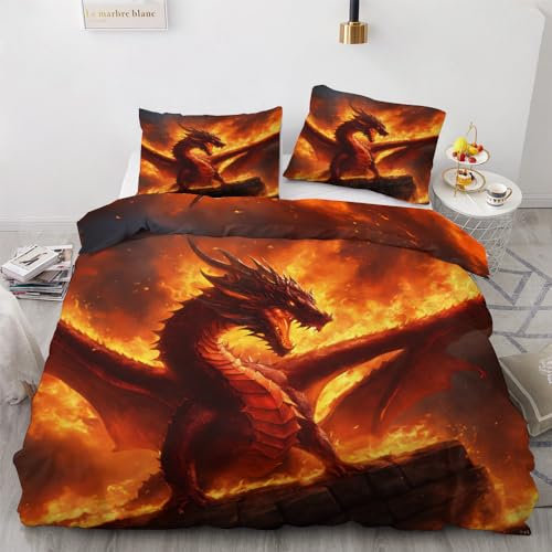 YELDAN Bettwäsche 135x200 Drachen, Fantasy Bettbezug, Bettwäsche-Sets 2 teilig, Weich & Bügelfrei Mikrofaser Wendebettwäsche und 1 Kissenbezug 80x80 mit Umschlag