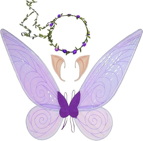 Feenflügel Kostüm Set, Damen Mädchen Schmetterlingsflügel Elfenflügel mit Elfenohren Blumenkranz Halloween Kostüm Karneval Schmetterling Kostüm Feenkostüm für Kinder Erwachsene (Lila)