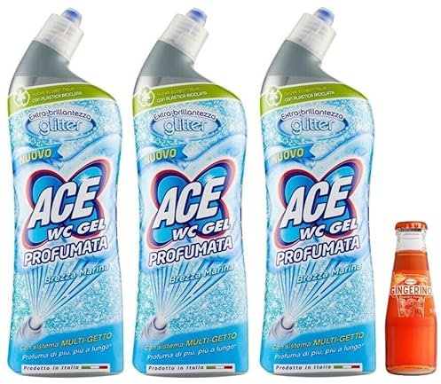 3x ACE Glitter Wc Gel Profumato Brezza Marina,detergente per WC con sistema multigetto,700ml +1x Gingerino Recoaro Aperitivo Italiano 10cl IN OMAGGIO