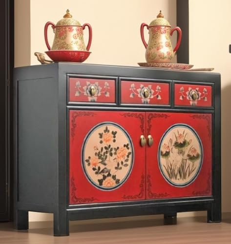 OPIUM OUTLET Möbel Kommode Schrank Sideboard chinesisch asiatisch orientalisch Vintage handbemalt Lieferung komplett montiert Holz (33082-9)