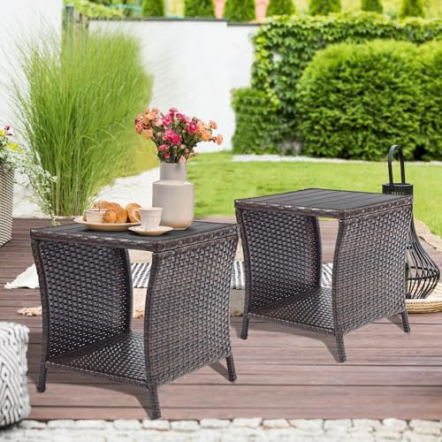 Lot de 2 petites tables d'appoint d'extérieur en rotin marron pour rangement extérieur, table basse avec dessus de table en bois synthétique pour jardin, pelouse, piscine, porche, terrasse