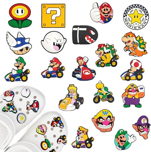 Schuh Charms für Clogs, 20 Stück Schuhanstecker Cartoon Super Bros Schuhanhänger, DIY Schuh Pins Aufstecker Anstecker Set, Abnehmbare PVC Shoe Dekoration Zubehör für Kinder Jugendliche Erwachsene