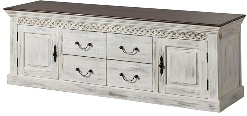 Meuble TV 180x50x60 en Bois de manguier/Acacia Blanc ciré Castle-Antik #104, Couleur:Blanc ciré, Mesure:180x50x60 cm (LxPxH)