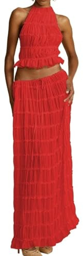 NIUVOO Ensemble sexy 2 pièces maxi jupe Y2k sans manches crop débardeur gilet mousseline fluide volants longue robe midi ensemble mode tenues de plage, Rouge, M