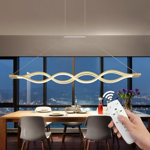 Moderne LED Pendelleuchte, Goldene Creative Esstisch Hängelampe, Hängend Höhenverstellbar Esstischlampe, Dimmbare mit Fernbedienung, Deko Decke Pendellamp, für Küche Wohnzimmer Büro Esszimmer Bar