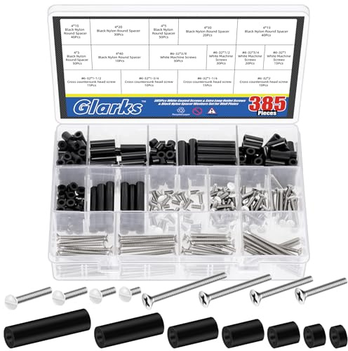 Glarks 385pcs White Wall Plate Screw Set, 3/8’’ 1/2’’ 3/4’’ 1’’ Long, Outlet Plate Screw and Long Electrical Outlet Screw with Nylon Round Spacer, Switch Panel Screw, Outlet Cover Screw for Wall Plate
