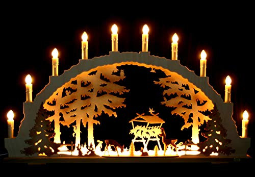 Großer Schwibbogen 70cm x 40cm mit 10 Kerzen und LED Vorbeleuchtung - Wildfütterung - Rehe geschnitzt - Handarbeit aus dem Erzgebirge - Schwibbogen für Weihnachten