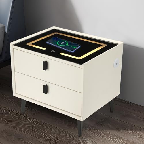 Oyajia Smart Bedside Table White with Wireless Charging, Nightstand with LED Light, 2 Drawers Nightstand, Chest of Drawers for Living Room/Bedroom.