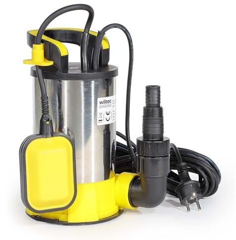 Wiltec Bomba sumergible de aspiración plana 900W con flotador, caudal 17000 l/h, altura 9 m, nivel de aspiración hasta 1 mm, inmersión hasta 7 m, de PPO y acero inoxidable para agua limpia