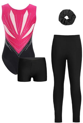 Loodgao Mädchen Ärmellos Turnanzug Streifen Gymnastik Trikot mit Kurze Hose und Lange Leggings Haargummi Eiskunstlauf Kleidung Set Dancewear Hot Pink & Schwarz 170