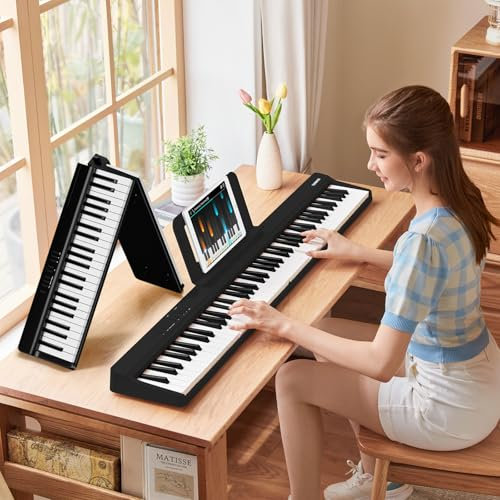 TERENCE Folding Piano Keyboard 88 Key, Portable Piano with Semi-Weighted Keyboard, Pink Piano with Recording and Bluetooth Support, with Pedal and 4-unit Speaker, Preferred Choice for Beginners