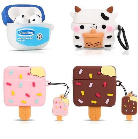 (4 Packung) Silikon Hülle für AirPods 4 Ohrhörer(2024), XMBYGY Cartoon Aufladung Stoßfeste Schützende Kopfhörer Abdeckung mit Schlüsselbund für AirPods 4th Erzeugung (FSL+COWtea+ICEbn+ICEpk)