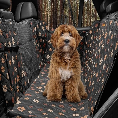 Hainberger Hundedecke Auto Rückbank Wasserabweisende Kratzfeste Autodecke für Hunde wasserdichte rutschfeste Autoschondecke mit Seitenschutz und Sichtfenster,4-in-1 Rücksitzschoner 137x147(mit Muster)