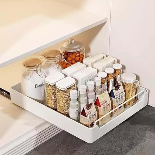 BANTASE Teleskop-Schubladenregale For Küchenschränke, Verstellbarer Bohr-Ausziehschrank-Organizer Mit Schienensystem For Küchenunterschränke(White,43 * 25 * 7cm)