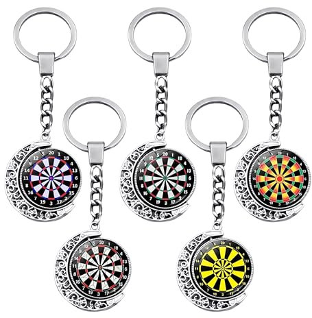 Syrvnto Dartscheibe Schlüsselanhänger 5er Set, 360° Drehbarer Schlüsselbund mit Kristallglas, Mondanhänger, Hanging Keychain Deko Dart Geschenk für Männer, Dartspieler, Sportfans