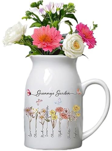 Personalised Mum Ceramic Vase, Design Your Photo or Text, Mother’s Day Birthday Unique Gifts for Grandma Mom, Custom Thermal Sublimation Ceramic Flower Vase Milk Jug (A-11CM)