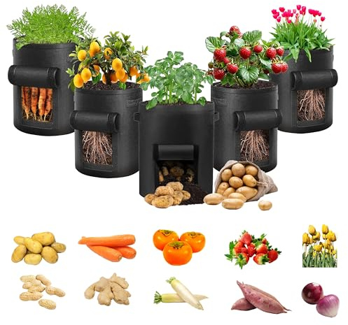 HOORayeah Paquete de 5 bolsas para cultivo de patatas de 10 galones – Bolsas de cultivo de plantas con asas y solapa visible para patatas, zanahorias, tomates y otras verduras