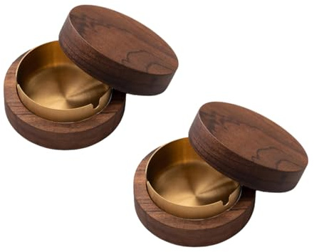 Hölzern Windaschenbecher, Aschenbecher mit Deckel, Winddichter Geruchsdicht, Gelten Bar, Büro, Wohnzimmer, Die Party, (Gold，2Stück)