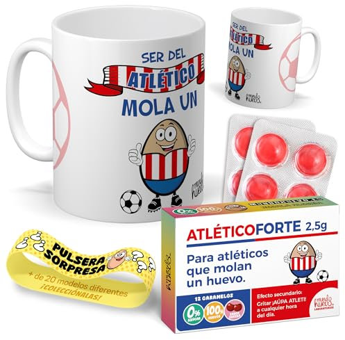 Kit regalo personalizado para aficionados del Atletico | Taza Ser del Atletico mola un huevo + Caramelos divertidos + Pulsera sorpresa | Regalo futbol, divertido y original para cumpleaños, navidad.