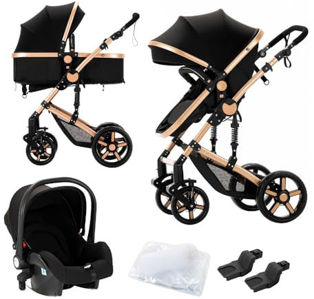 3 in 1 Kinderwagen,Drehbarer Buggy,Dreiecksrahmen,Doppelfederung,1 Klick Faltmechanismus für Neugeborene und Kleinkinder(Schwarz&Gold)