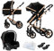 3 in 1 Kinderwagen,Drehbarer Buggy,Dreiecksrahmen,Doppelfederung,1 Klick Faltmechanismus für Neugeborene und Kleinkinder(Schwarz&Gold)