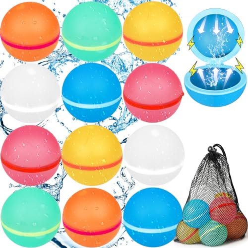Wiederverwendbare Wasserbomben 12 Stück & 1 Mesh Bag, Magnet Selbstschließend Wiederverwendbar Schnell Wiederbefüllbare Silikon Wasserbombe für Wasserspielzeug Strandspielzeug Pool Spielzeug