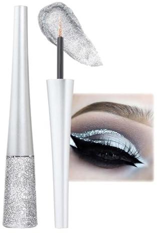 Bunter Glitzer Eyeliner, Liquid Schimmer Glitter Eyeliner, Silber Metallic Glitzerstifte, Wasserfest & Wischfest, Präziser Strich, Wischfest, Silver Eyeliner Augen Make up für Frauen（Silber）