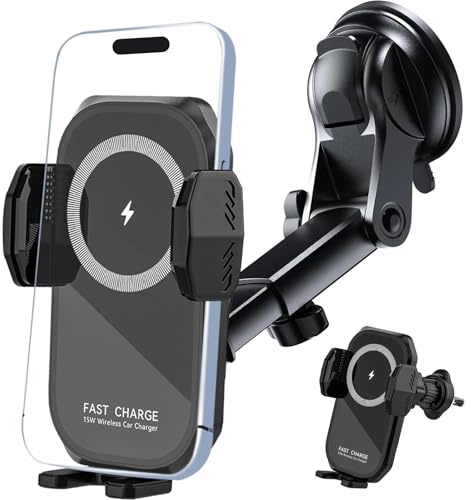 Kabelloses Kfz-Handyladegeräte,15W Handyhalterung Auto mit Ladefunktion,Induktive Ladestation Auto,Handyhalterung Saugnapf für iPhone Samsung, Aufladung Handy Halterung Auto (Saugnapf und Autoklima)