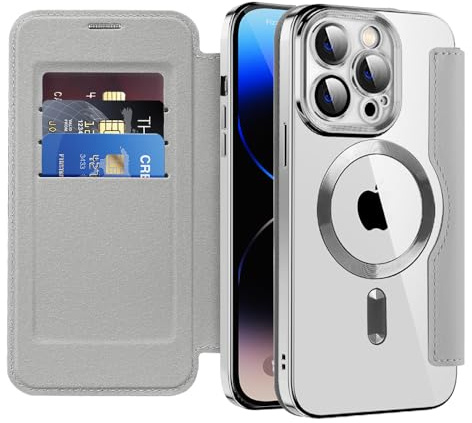 SIYOPINPFY Wallet Case for iPhone 14 Pro with Card Holder, Grey JD | [Compatible with MagSafe] [RFID Blocking] Premium Flip Leather Card Slots Holder , Magnetic Clear Back Shockproof Phone Case