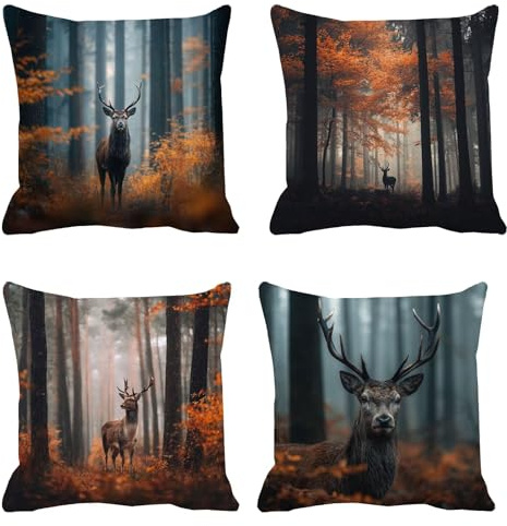 Kissenbezug 35x35 4er Set Sofakissen Hirsch Kopfkissenbezug Wald Dekokissen Samt Kissenbezüge, Zierkissen Sofa Kissen Wetterfeste Kissen Outdoor Pillow Cover für Wohnzimmer Balkon Deko t-502