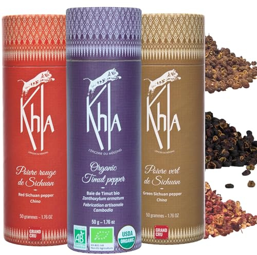 Khla - Rare Peppers Trio Gift Set - Sichuan & Timut Peppercorns - Red & Green Peppers - World Pepper Spices - Refill for Pepper Mill - Origin China & Nepal