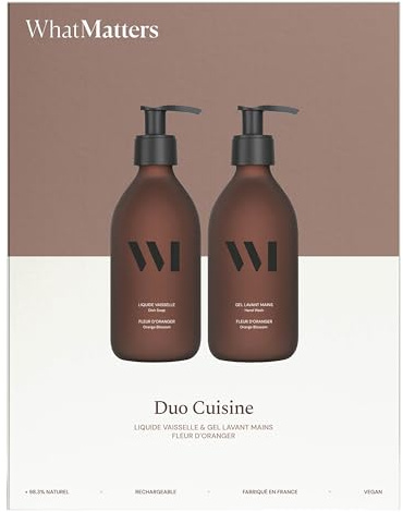 WHAT MATTERS Coffret Duo Cuisine Gel Lavant + Liquide Vaisselle 290ml | Fleur d'Oranger, Vegan, 99% d'origine naturelle, flacons pompe verre renforcé® rechargeables, fabriqué en France