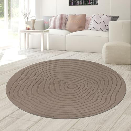 Teppich-Traum Teppich Rund Hoch-Tief-Effekt Linien und Bögen Braun 200 cm | Warme Farbwirkung, wohnlich, weich, strapazierfähig, runde Form, Wohnzimmer, Esszimmer, Tischbereiche