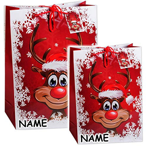 alles-meine.de GmbH 1 Stück Geschenkbeutel/Geschenktasche - lustiges Rentier - Weihnachten - incl. Name XXL Groß - 72 cm ! Weihnachtstüten - Geschenktüte/Geschenkve..