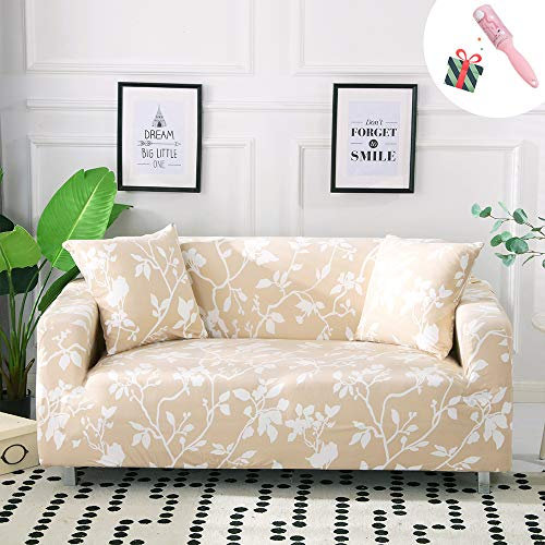 Sofa Überwürfe Sofabezug 3 Sitzer, Morbuy Elastisch Beige Ecksofa L Form Stretch Antirutsch Armlehnen Sofahusse Sofa Abdeckung Hussen für Sofa Couchbezug Sesselbezug (2 Sitzer,Weiße Blätter)