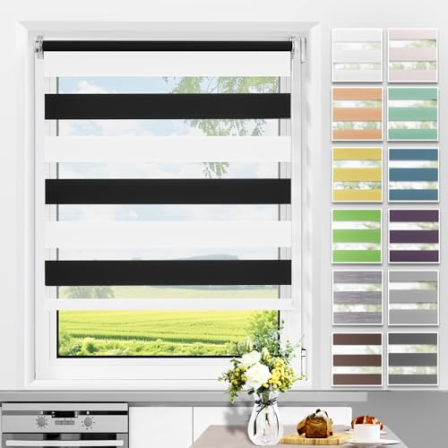 Allesin Doppelrollo Klemmfix ohne Bohren & mit Bohren, Duo Rollos für Fenster und Tür, Klemmrollo Fensterrollo lichtdurchlässig, Sonnenschutz, B60 x H140cm (Stoffbreite 60cm) Schwarz-Weiß