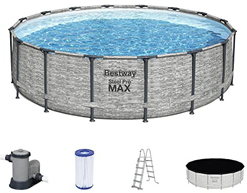 Bestway Steel Pro MAX - Set completo per piscina con pompa filtro, Ø 488 x 122 cm, effetto pietra (grigio crema), rotondo