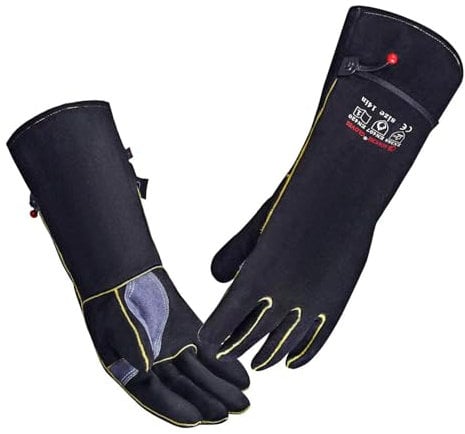AOUCHI Cowhide BBQ Welding Gloves, Long Sleeve Fireproof and Heat Resistant Mitts for Barbecue, Firefighting, Fireplace, Oven, Baking, Stove (Black and Grey, Medium)