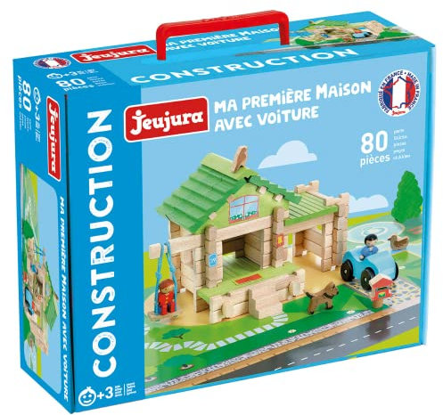 Jeujura - Ma Première Maison avec Voiture - 80 pièces - Jeu de Construction dans sa Valise en Carton - A partir de 3 Ans - Créativité - Manipulation - Catalogue fourni - 8236