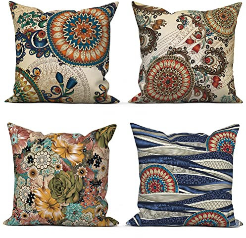 ASDCXZ Boho Kissenbezug 40x40 cm 4er Set, Boho Retro Blume Textur Muster Beige Sofa Dekokissen Kissenbezüge Kissenhülle Waschbar Polyester Flachs Textil Polster Kopfkissenbezug Kissen Bezug