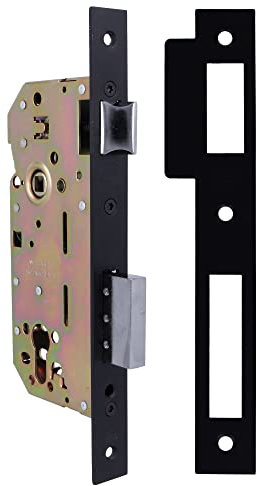 Amig - Serrure Encastrée pour Portes en Bois | Avec Gâche de Fermeture | Face et Support à Angle Carré | Entrée de 50 mm | Pêne réversible | Acier | Noir Mat | 240 mm