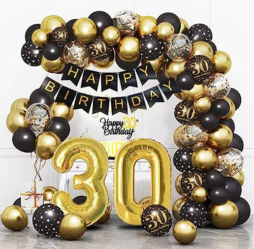 Bluelves Deko 30 Geburtstag Schwarz Gold, Luftballon 30. Geburtstag, 30 Jahr Geburtstagdeko, Happy Birthday Girlande Ballon Dekoration für Mann Frauen