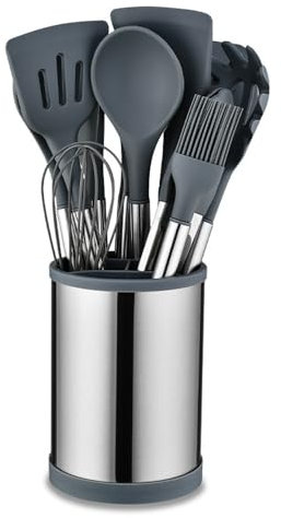 Aoresac Utensilios de Cocina, 12 Piezas Juego de Utensilios Cocina de Silicona con Mango de Acero Inoxidable Antiadherente y Resistente al Calor Hogar, Casa, Apartamento Esenciales Accesorios (Gris)