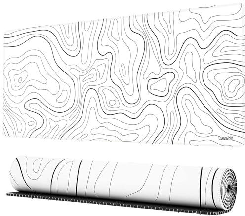 Tapis de Souris XL 600 x 300 mm – Grand Tapis de Bureau & Gaming, Base antidérapante, Bords Cousus, Surface Lisse et imperméable pour Clavier & Souris, 60x30 TopoWhite03