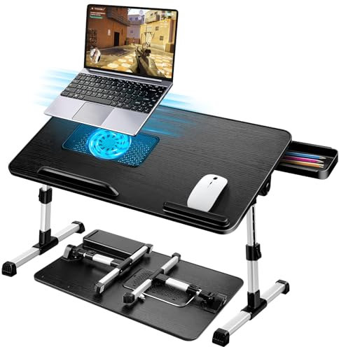AirOpen Mesa Portatil Cama, Mesa Ordenador Portatil Regulable en Altura y Ángulo, Mesa Plegable con Ventilador para Portatil y Cajón, Mesa para Cama, Sofa, Suelo (53 x 30 cm, Negro)
