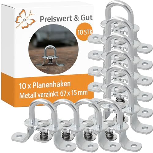 10 STK Planenöse Anhänger aus Metall verzinkt drehbar mit Feder D 27 mm | Runder Planenhaken mit 67 x 15 mm Grundplatte, 2 Löchern Durchmesser 5 mm und Drehverschluss zur sicheren Montage